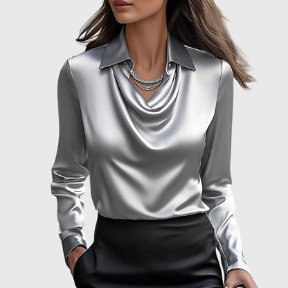 Sylvie | Blouse with Luxurious Sheen and Pleated Necklin